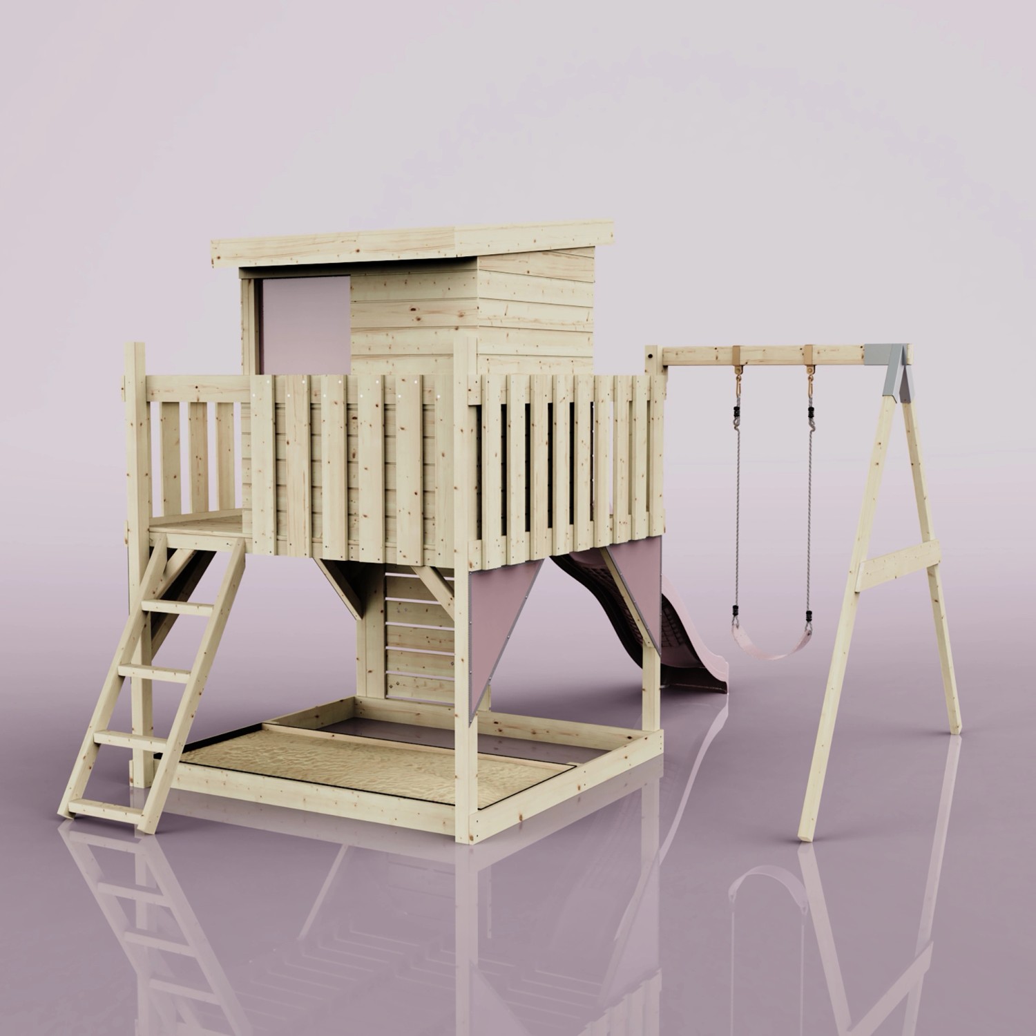 PolarPlay Spielturm Alma mit Schaukel, Rutsche und Leiter aus Holz, altrosa Akzente.