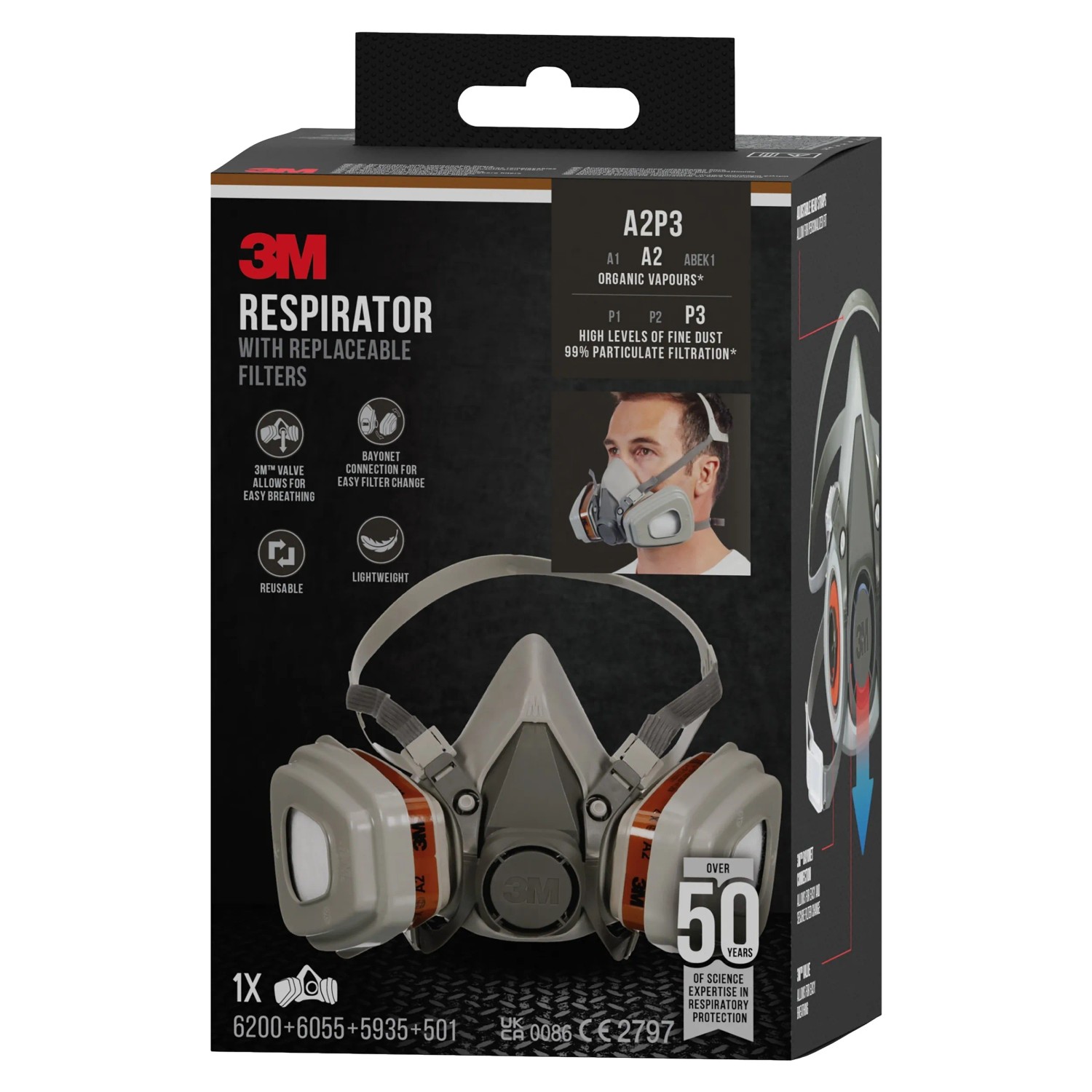 3M Maske 6002 A2P3 Grau, Atemschutzmaske mit Filtern für Farbspritz- und Schleifarbeiten.