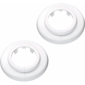 Zwei weiße Scharnierrosetten, Ø 35 mm, aus Kunststoff zum Abdecken von Rohreintrittsstellen.