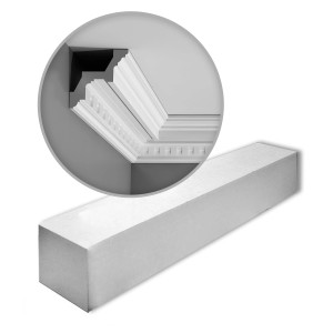 ORAC DECOR C211 LUXXUS Zierleisten Set, 9 weiße Stuckleisten (18 m), Detailaufnahme der Eckleiste.