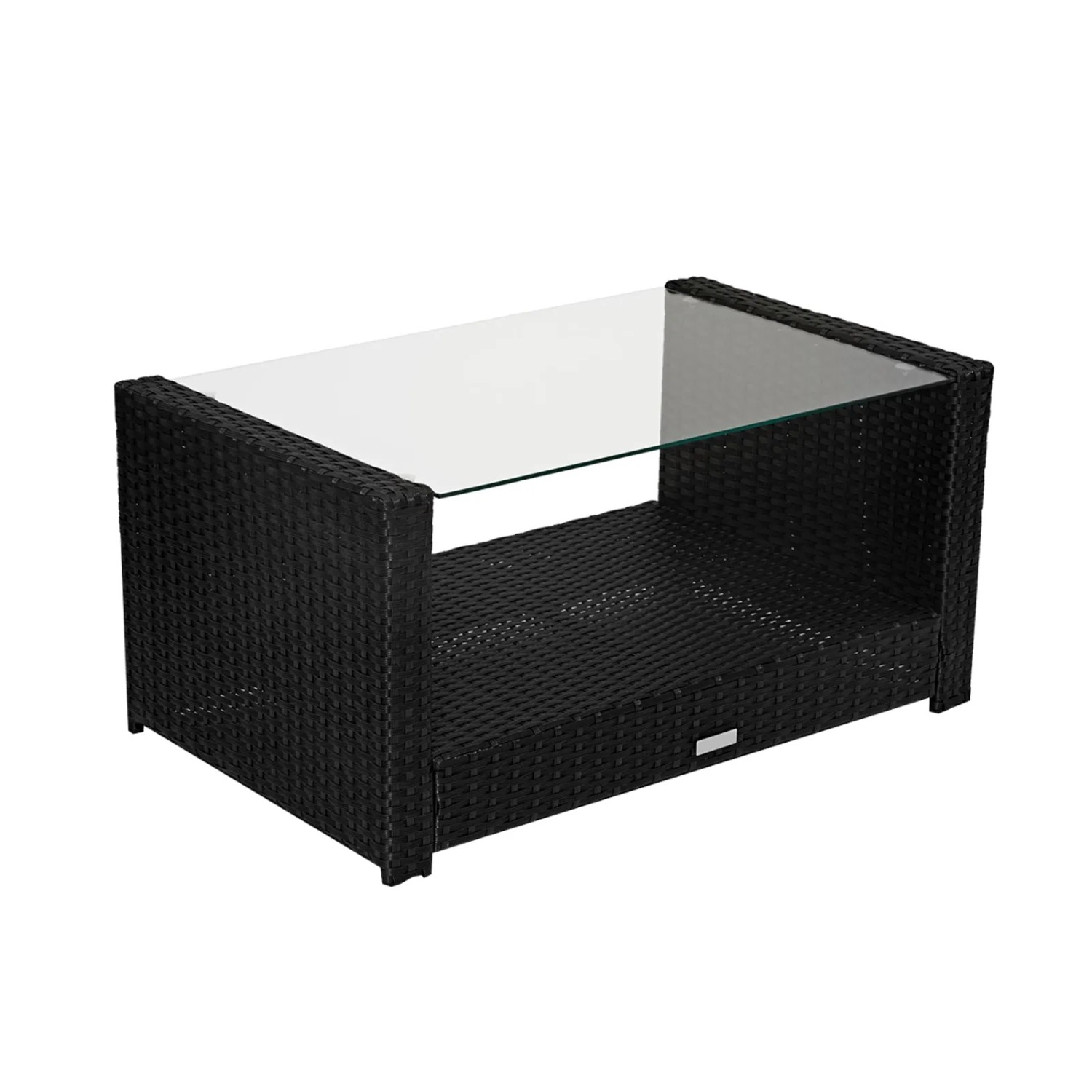 Schwarzer Polyrattan-Tisch mit Glasplatte, Teil der Svita Roma Gartenmöbel Sitzgruppe.