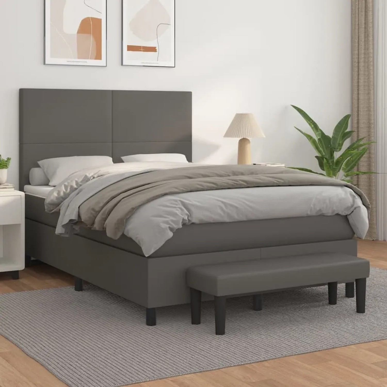 Graues vidaXL Boxspringbett (140x190 cm) mit Matratze, Kopfteil und Bank aus Kunstleder.