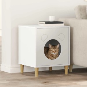 Weißes vidaXL Katzenhaus aus Holzwerkstoff mit runder Öffnung, in dem eine Katze schläft. Modernes Design für drinnen.