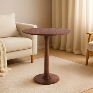 Runder brauner Holz Beistelltisch Morristown im Wohnzimmer. Eleganter Wohnzimmertisch mit runder Platte und Fuß.