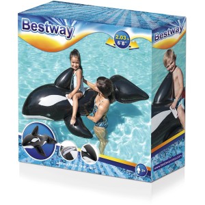 Verpackung des Bestway Schwimmtier Jumbo Wal XL, 203x102 cm, mit Kind und Erwachsenem im Pool.