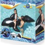 Verpackung des Bestway Schwimmtier Jumbo Wal XL, 203x102 cm, mit Kind und Erwachsenem im Pool.