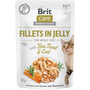 BritCare Katzen-Nassfutter Adult, Forelle & Kabeljau, 85g. Filets in Gelee mit Karotte und Rosmarin.