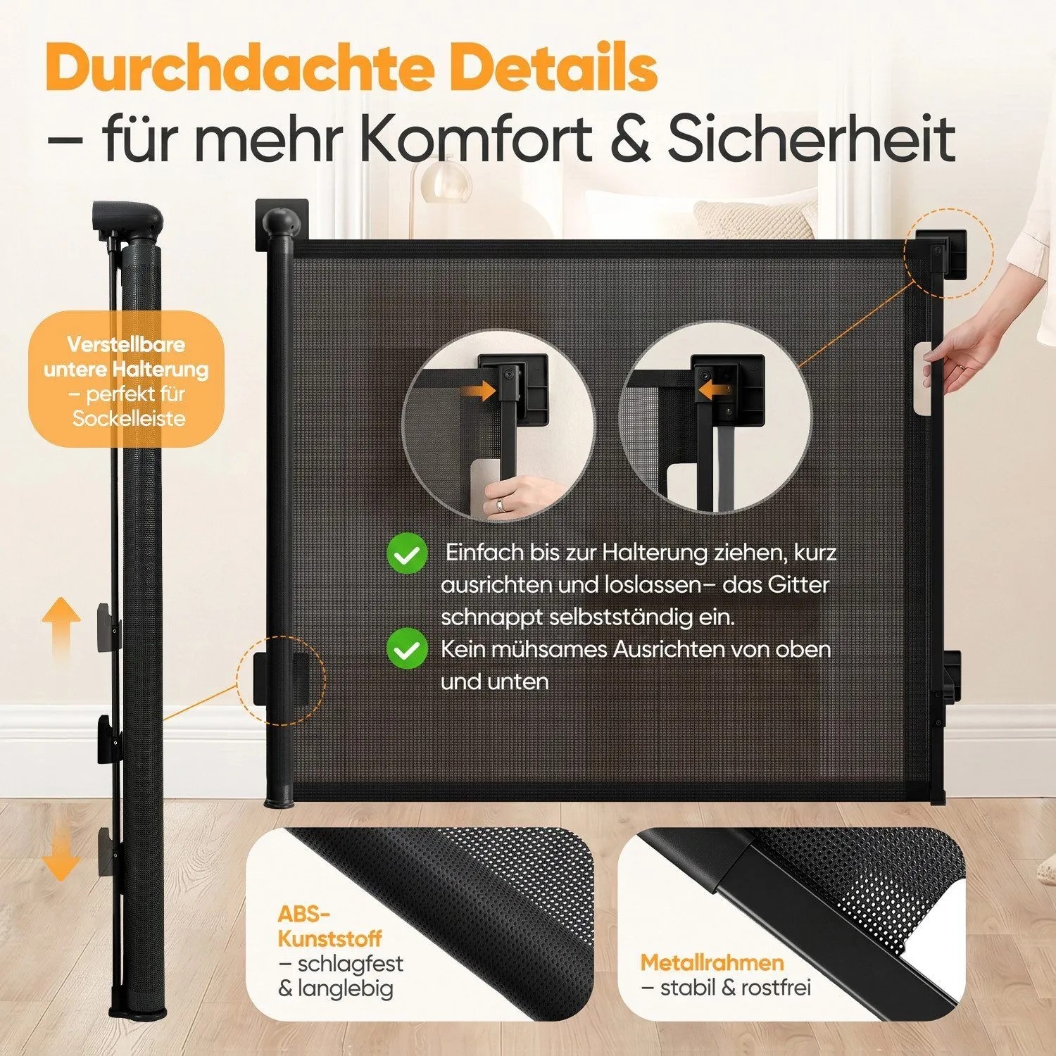 Schwarzes Sekey Treppenschutzgitter ausziehbar, mit Mesh-Gewebe, verstellbarer Halterung und Metallrahmen. Für Kinder & Hunde.