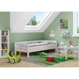 Erst-Holz Kinderbett mit Dreiseitiger Sicherung 90 x 200 cm Kiefer Weiß Holzbett Modell 29 ohne Zubehör