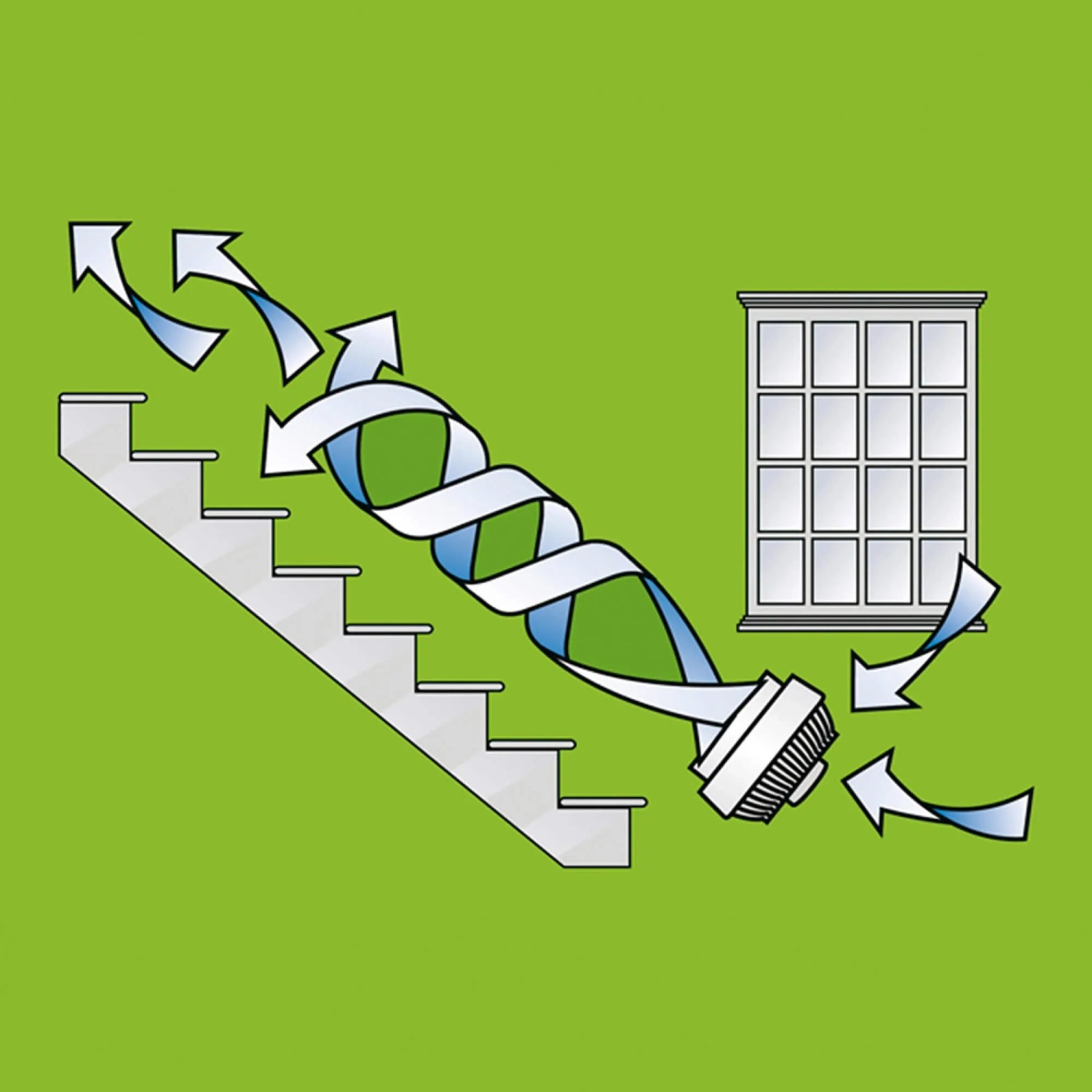 Illustration: Vornado 530 Tischventilator in Schwarz mit Luftstrom im Raum.