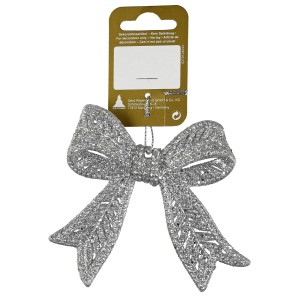 Glitzernde Schleife in Silber als Deko-Anhänger für Weihnachten.