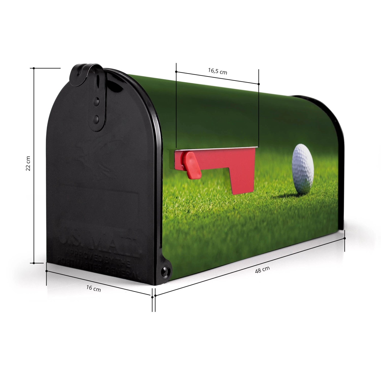 Schwarzer Banjado US Briefkasten mit Golfball Motiv, 48x22x16cm. Stahl, pulverbeschichtet.