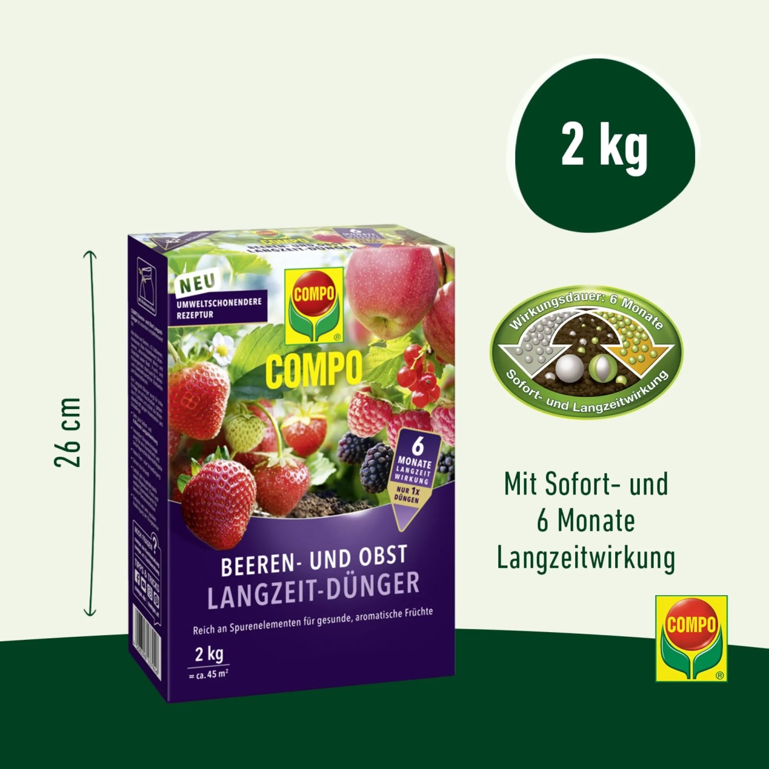 Compo Beeren Langzeit-Dünger 2 kg Packung mit Früchten. Sofort- und 6 Monate Langzeitwirkung für Beeren und Obst.