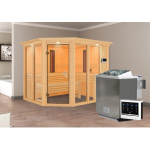 Karibu Infrarotkabine Anka mit Bio-Ofen und LED-Dachkranz, Naturholz mit Glaselementen.