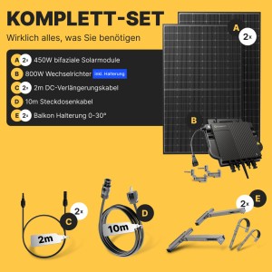Solakon Balkonkraftwerk 900W Solaranlage mit Balkonhalterung Steckerfertig Komplettset Photovoltaik 800W Kabellänge 10m