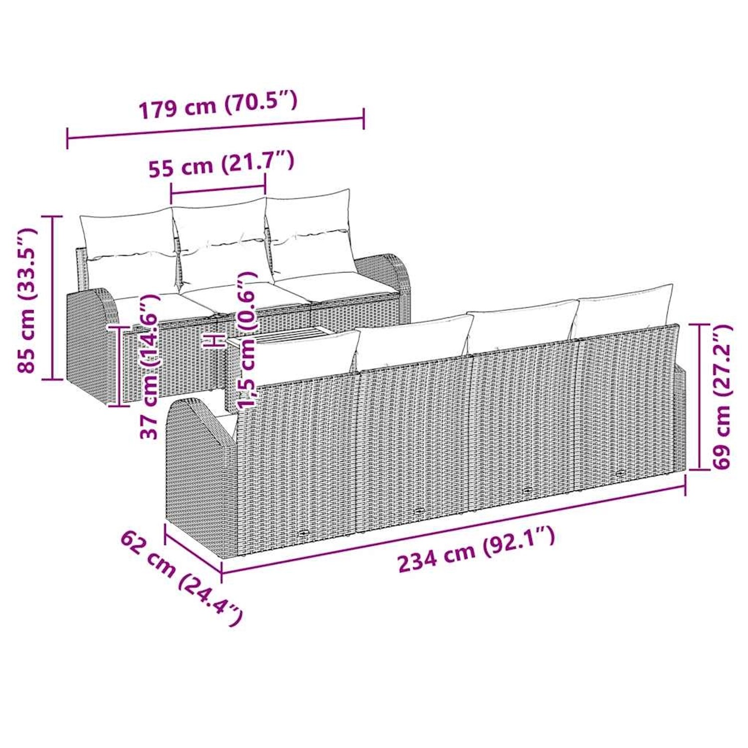 vidaXL Gartenmöbel Set, 8-teilig, schwarz, Poly Rattan, mit Maßen der Einzelteile.