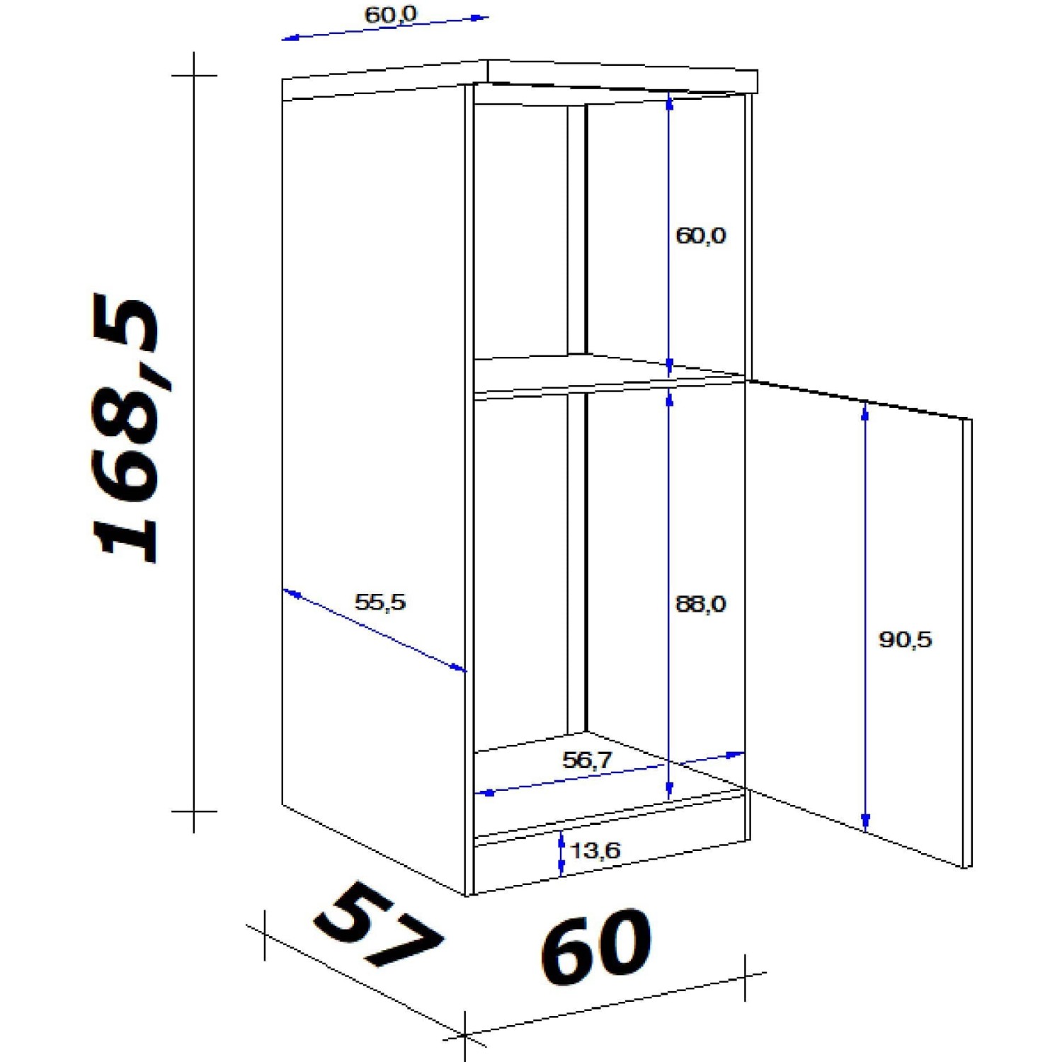 Skizze: Flex-Well Exclusiv Demi-Geräteumbauschrank Joelina, 60 cm, Weiß, mit Maßen. Vorratsschrank.