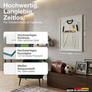 Weißer Echtholz Trikotrahmen 50x70 cm mit Trikot für Kindertrikots und Fan Shirts.