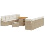 11-teiliges Gartensofa-Set aus beigem Poly Rattan mit Tisch und Kissen.
