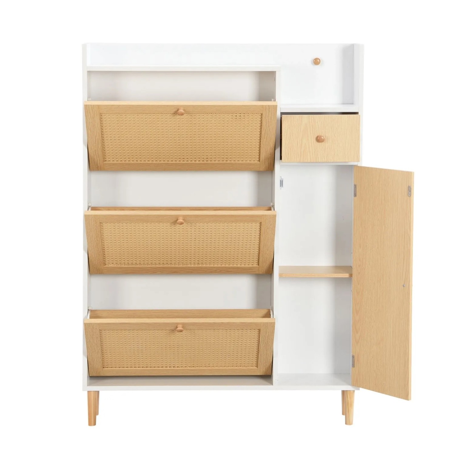 PXloue Schuhschrank Rattan Schuhkipper mit 3 Klappen Schublade Massivholz Weiß