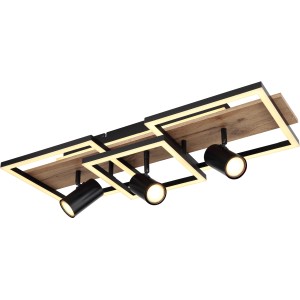 Moderne, 4-flammige LED-Deckenleuchte Kassu in Schwarz matt mit Holzoptik und warmweißem Licht.