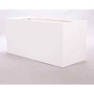Rechteckiger, perlmutt-weißer Fiberglas Pflanzkübel (100x40x50cm) für Innen- und Außenbereich.