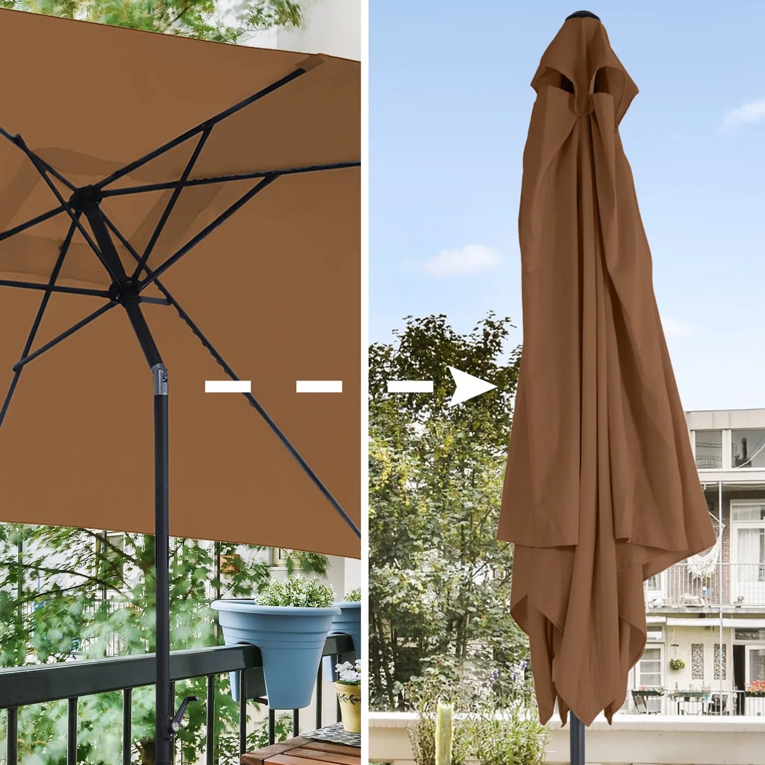 Svita Sonnenschirm Set, rechteckig, taupe, mit Schirmständer, geöffnet und geschlossen dargestellt.