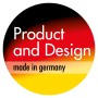 Siegel „Product and Design made in Germany“ in den Farben der Deutschlandflagge.