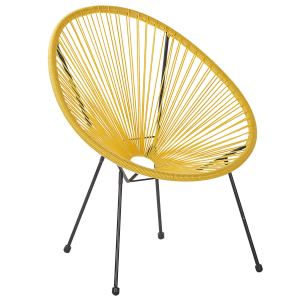 Gelber Cocktailsessel mit schwarzem Stahlgestell. Gartenstuhl im Boho-Stil.