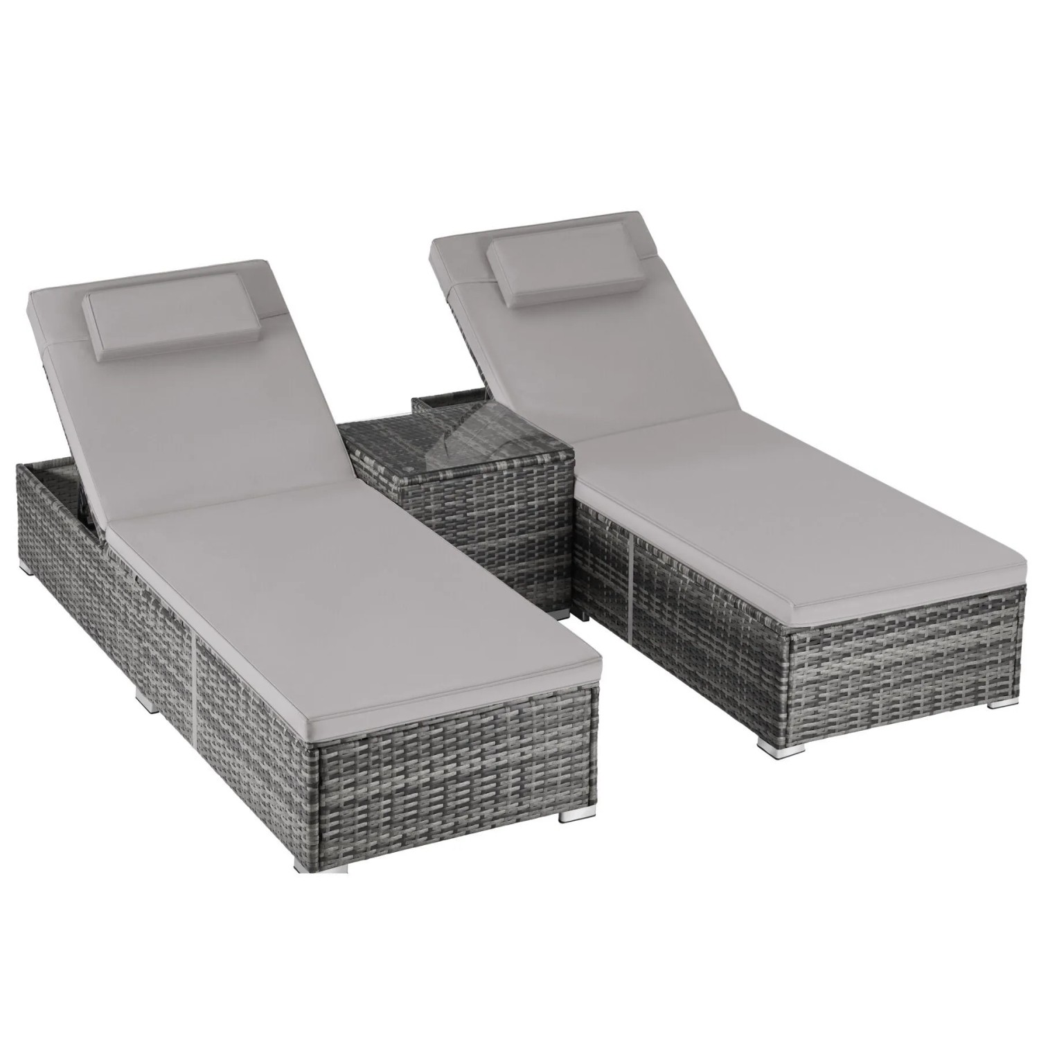 Tectake Rattan Doppelliege Carbonera Wetterfest und Uv Beständig 6 Fach Verstellbare Rückenlehne  196 x 62 x 36 cm Grau