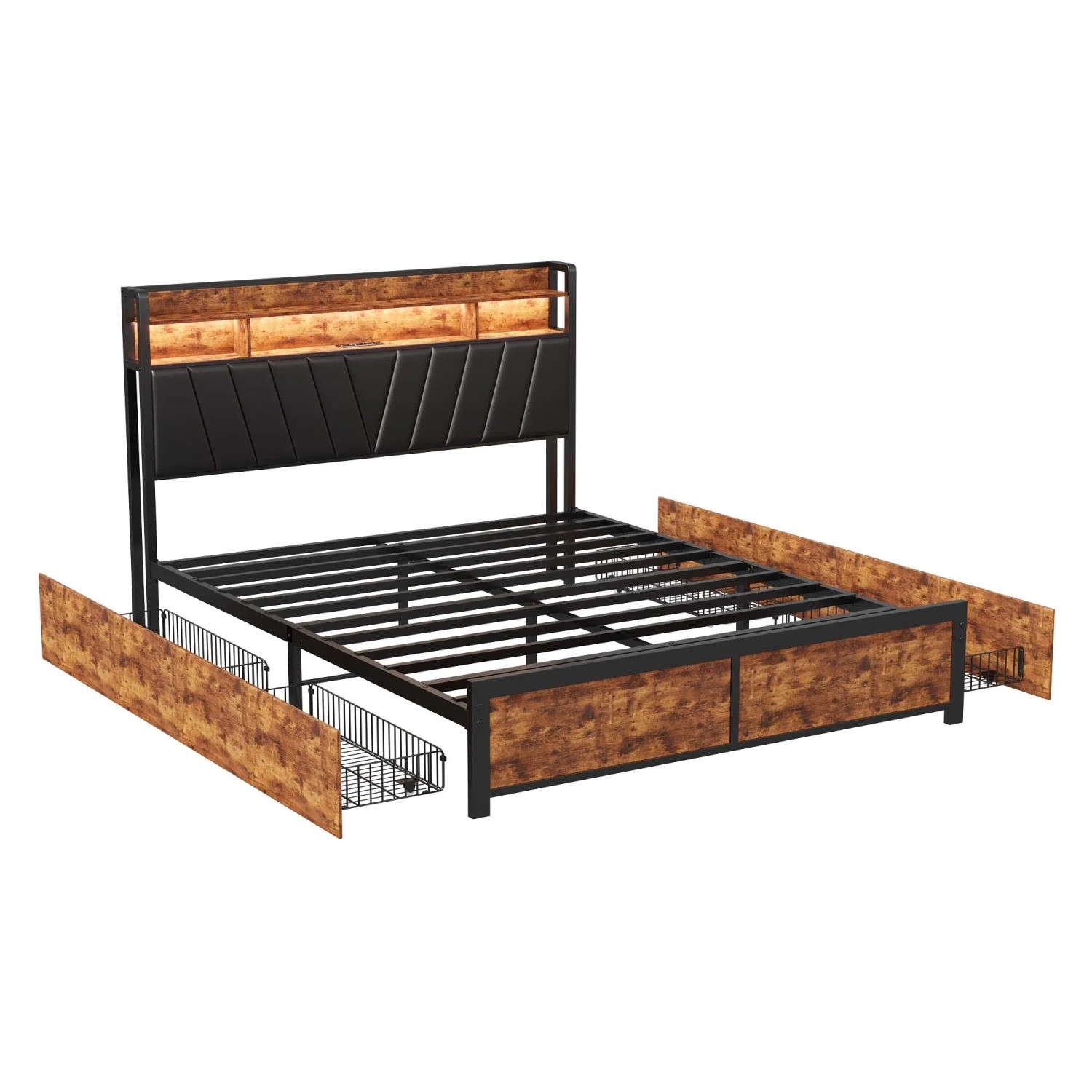 PXloue Doppelbett mit Schubladen Stauraum-Ladestation und LED 180x200cm
