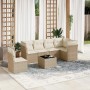 Beige 7-tlg. vidaXL Garten-Sofagarnitur aus Rattan mit cremeweißen Kissen auf Terrasse.