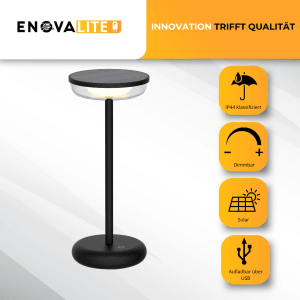 Schwarze, dimmbare ENOVALITE LED Tischleuchte mit Akku, Solar und USB-Anschluss. Warmweißes Licht, IP44.