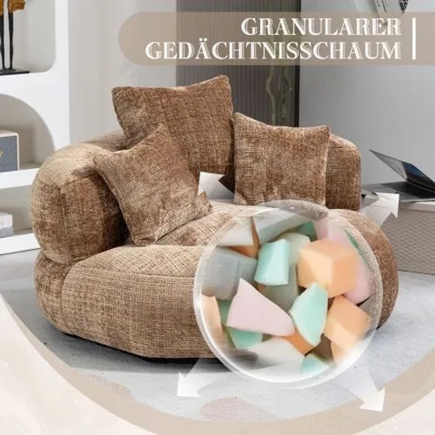 Brauner Chenille Sitzsack Stuhl mit 3 Kissen, gefüllt mit Memory-Schaum, als gemütliches Sofa für Wohnzimmer.