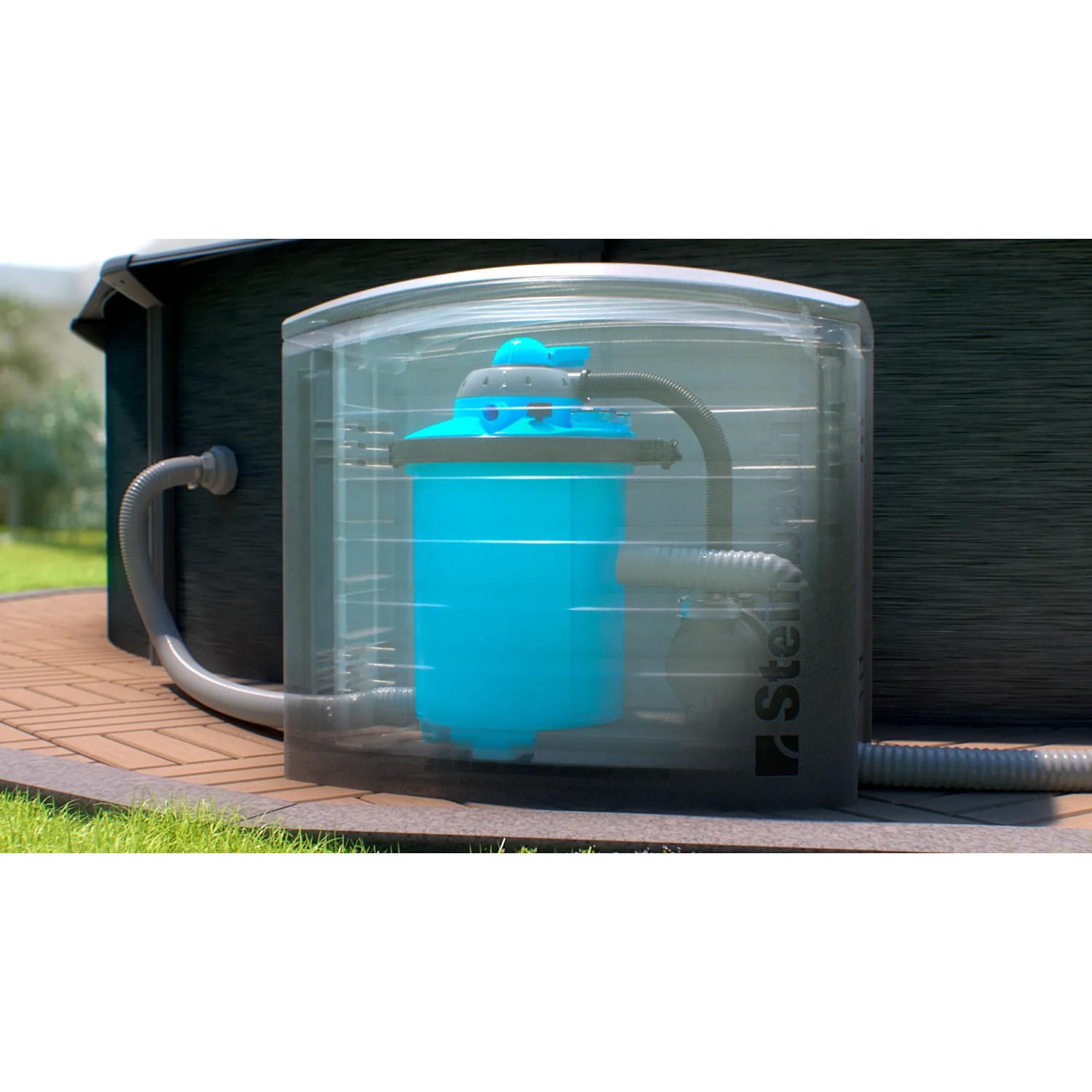 Steinbach Pool Technikbox mit Pooltechnik im transparenten Technikhaus neben Pool.