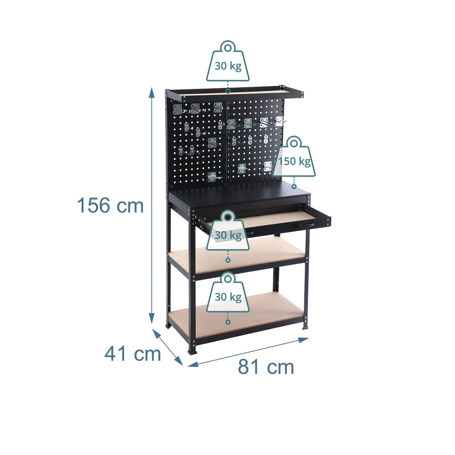 Schwarze Stahl-Werkbank mit MDF-Arbeitsplatte, Lochwand, Schublade und 2 Ablagen für die Werkstatt. 156x81x41 cm.