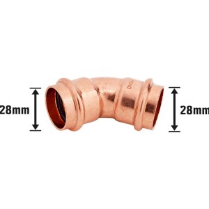 Kupfer Press-Bogen, 45 Grad, Ø 28 mm für Kupferrohr-Verbindungen im Sanitärbereich.