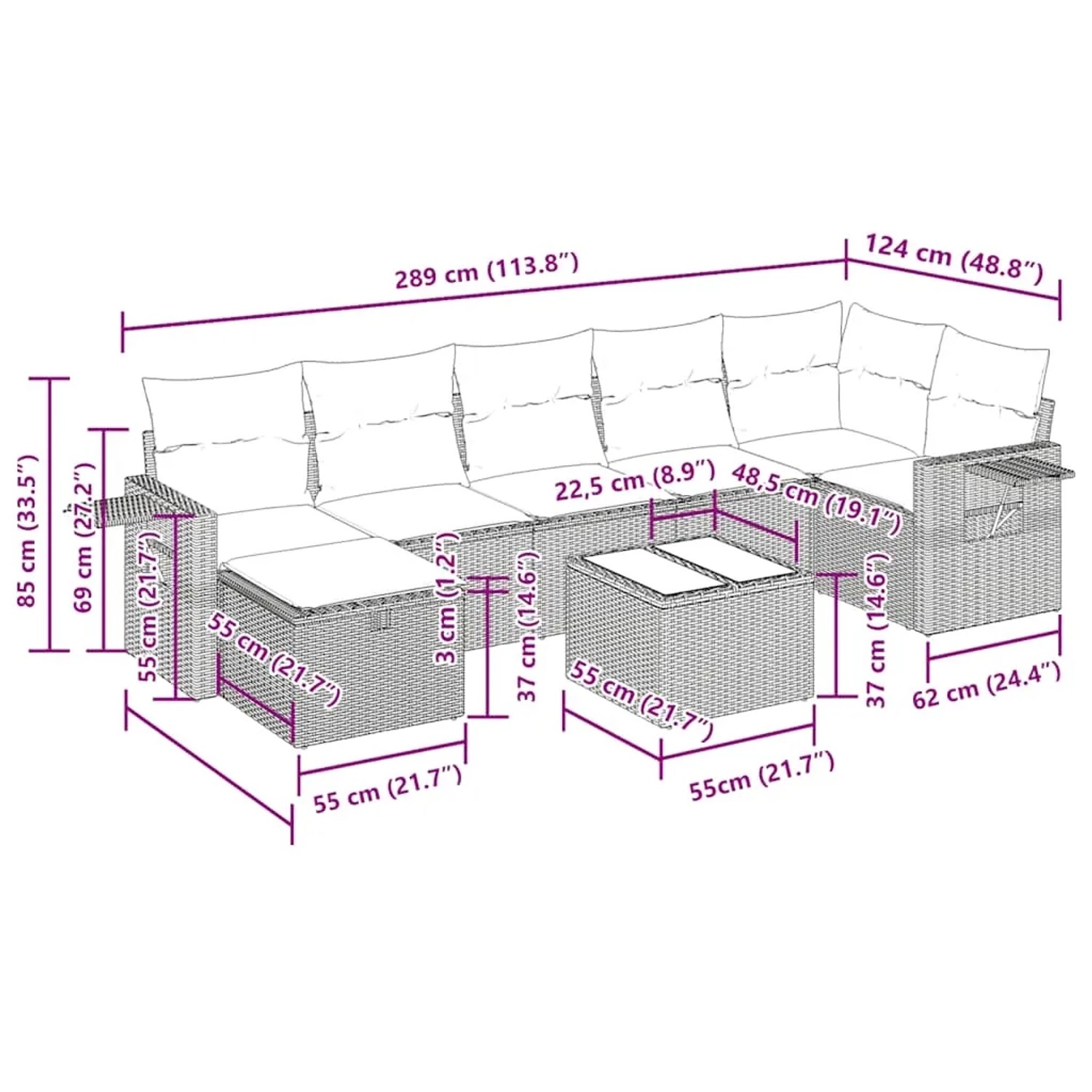 vidaXL 8-tlg. Garten-Sofagarnitur, hellgraues Poly Rattan, mit Maßen der Einzelteile.