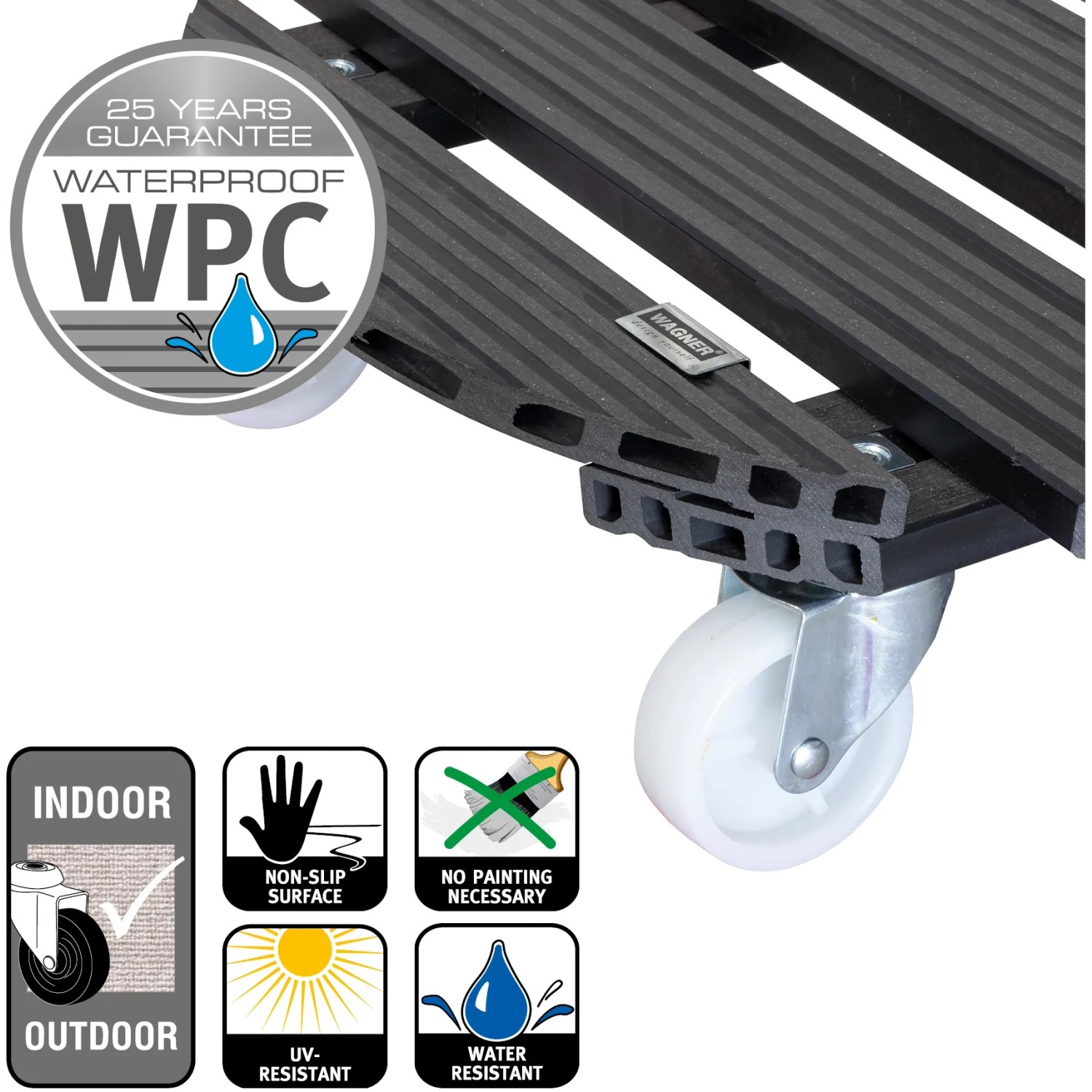 Wagner WPC Pflanzenroller, Ø 50cm, anthrazit. Rolluntersetzer aus wetterfestem WPC mit 4 Rollen, belastbar bis 120 kg.