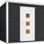 Modernes, anthrazitfarbenes Weka Holz-Gartenhaus wekaLine 413 mit weißer Tür und Rahmen, 6,3 m².