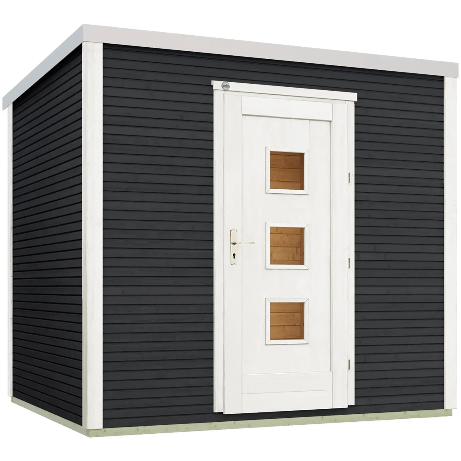 Modernes, anthrazitfarbenes Weka Holz-Gartenhaus wekaLine 413 mit weißer Tür und Rahmen, 6,3 m².