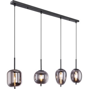 Moderne Globo Pendelleuchte Blacky, 4-flammig, aus schwarzem Metall mit rauchfarbenen Lampengläsern.