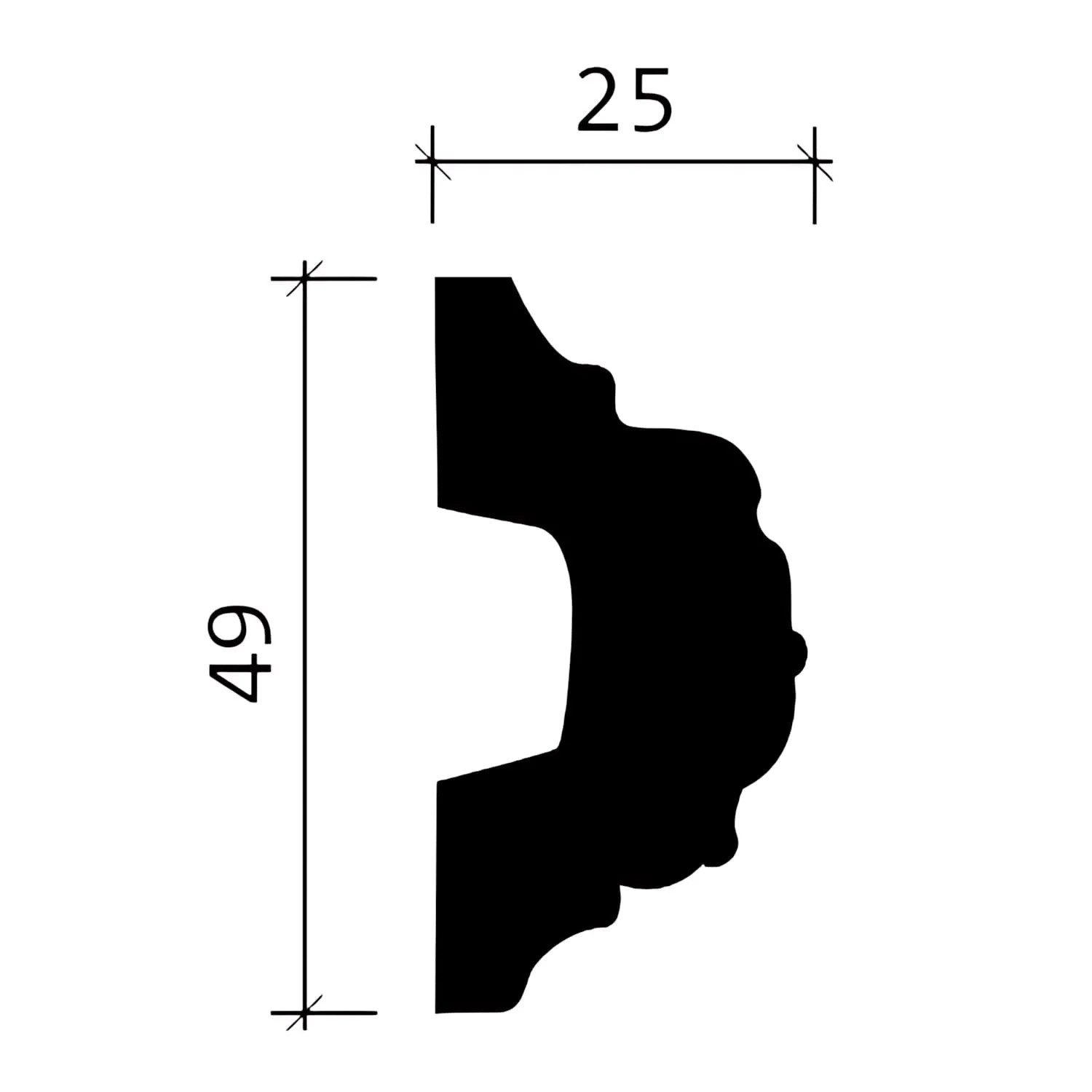Detailzeichnung PROFHOME Wand- und Friesleiste 151348, Maße 49x25 mm, Zubehör für Paneele.