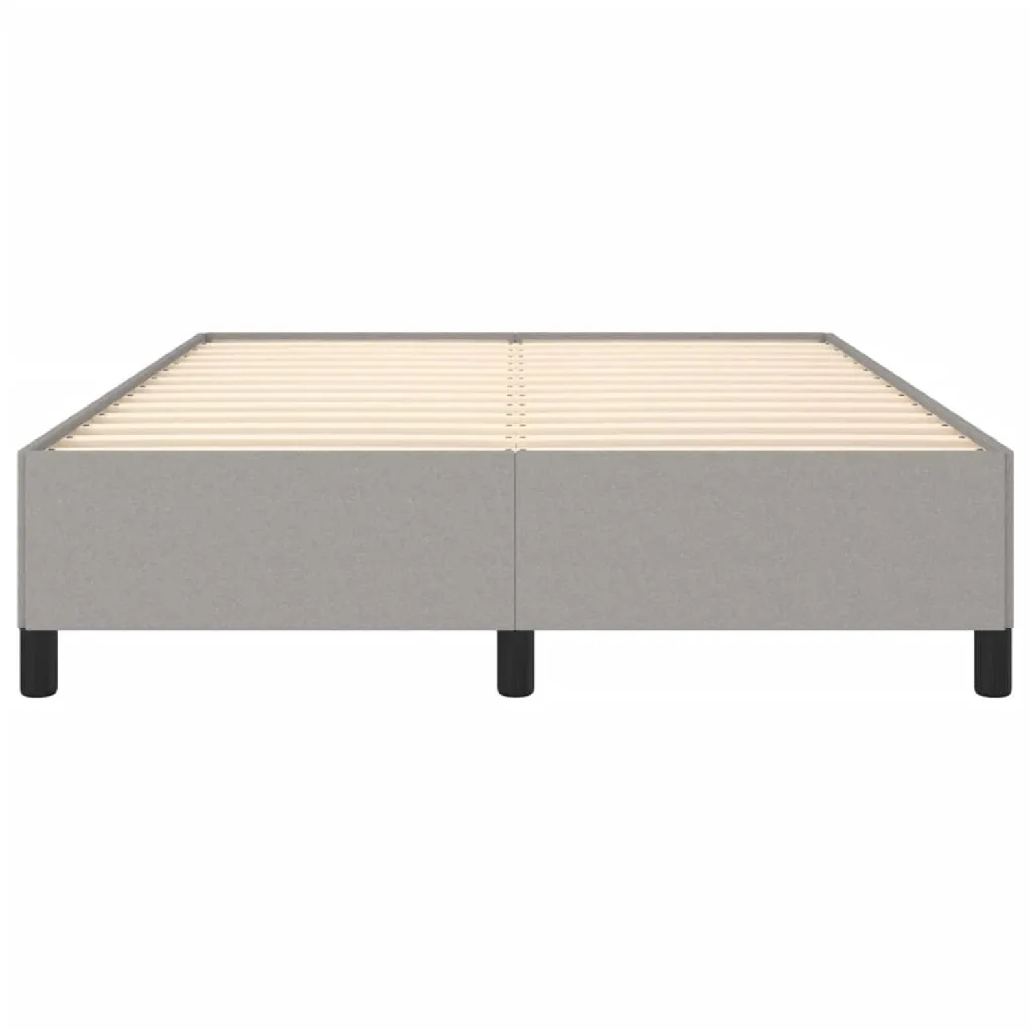 Hellgraues Stoff-Bettgestell 140x190 cm von vidaXL mit Lattenrost und schwarzen Füßen.
