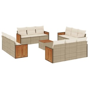 Beige 13-tlg. Garten Sofagarnitur aus Poly Rattan mit cremeweißen Kissen und Akazienholz Tisch.