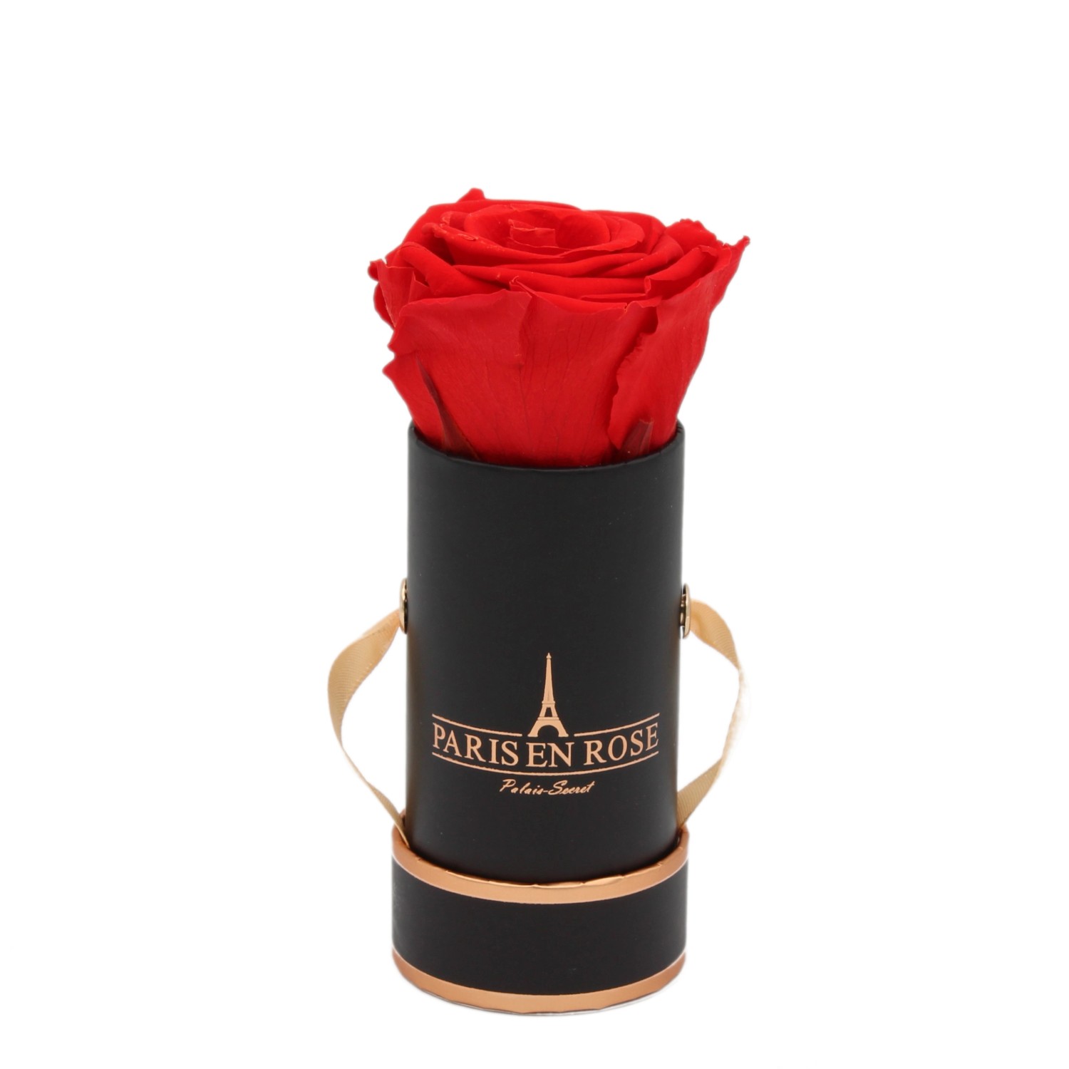 Rosenbox Ø 5 cm Schwarz-Roségold mit einer Roten Rose