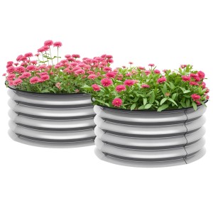 Outsunny Garten-Bett Set, zwei silberne, verzinkte Metall-Blumenkästen mit pinkfarbenen Blumen.