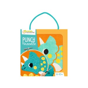 MyMandarine Stanznadel Set Dino in Verpackung, zeigt Stickbild, Punch Needle, Stoff, Wolle. Kreativwerkzeug.