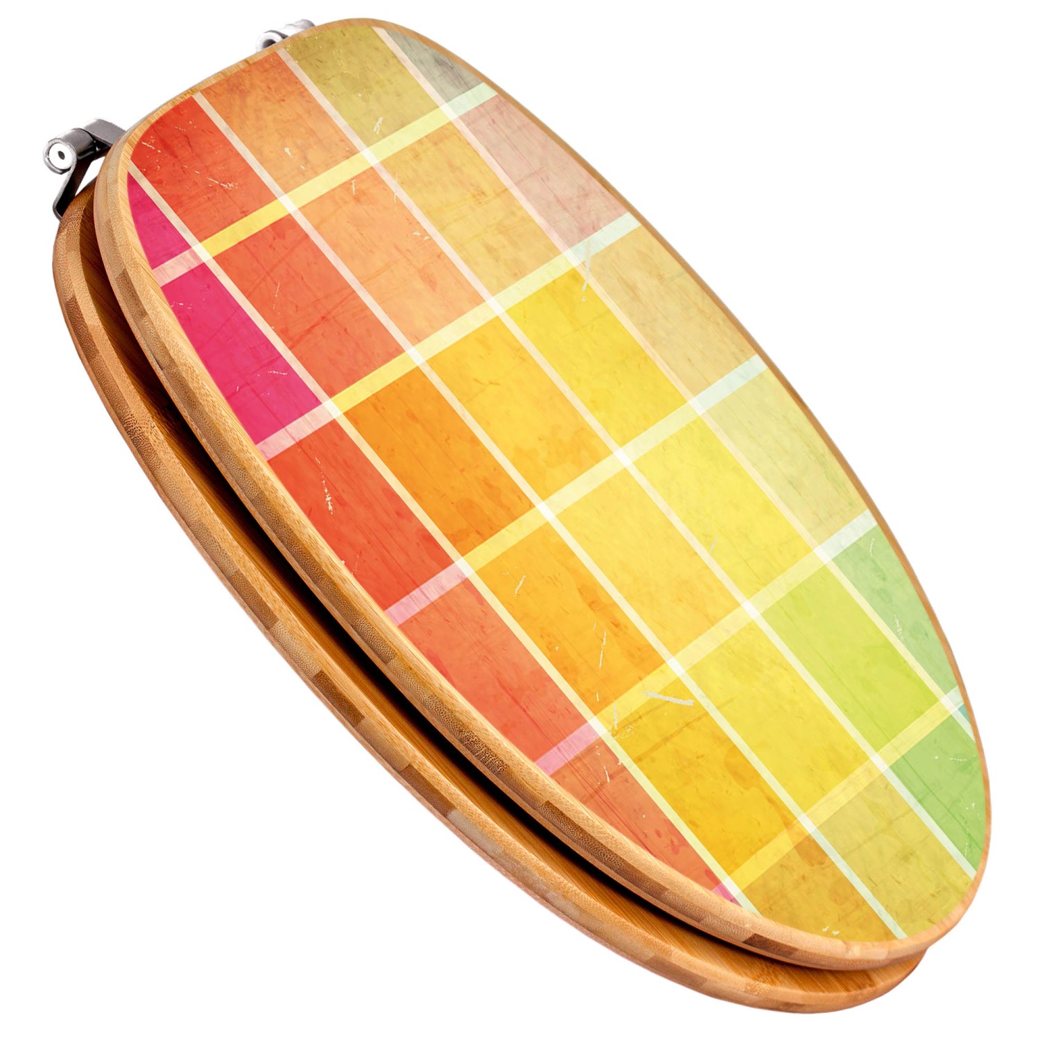 Banjado WC-Sitz aus Bambus mit buntem Glasbaustein-Motiv und Universal-Scharnieren.