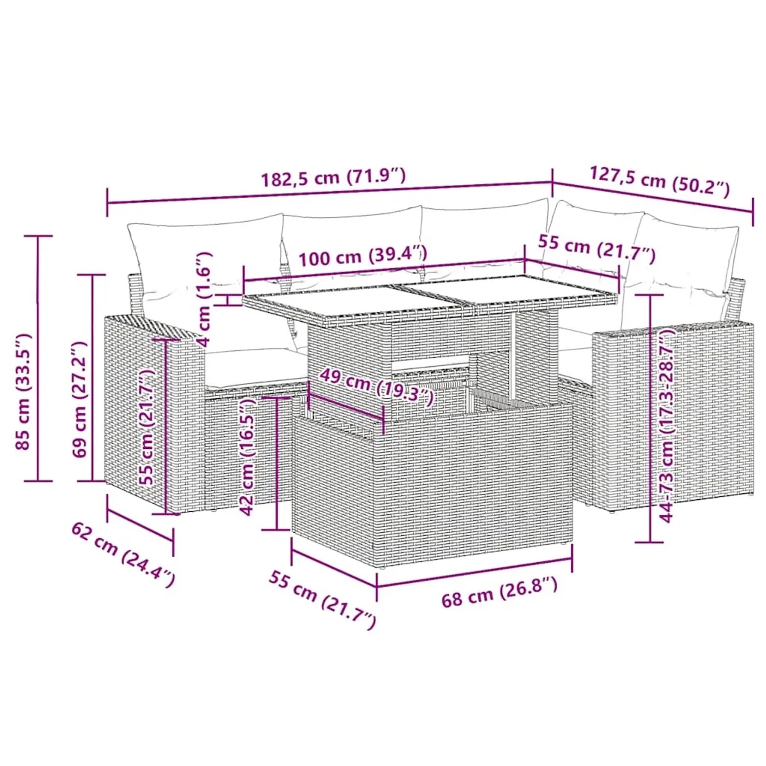 Hellgraue 5-tlg. Garten-Sofagarnitur aus Polyrattan mit Tisch und Kissen. Gartenmöbel für Terrasse und Balkon.